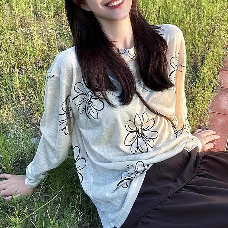 เสื้อยืดแขนยาวสไตล์เกาหลี พิมพ์ลายดอกไม้รอบคอ เหมาะสำหรับผู้หญิงในทุกโอกาส