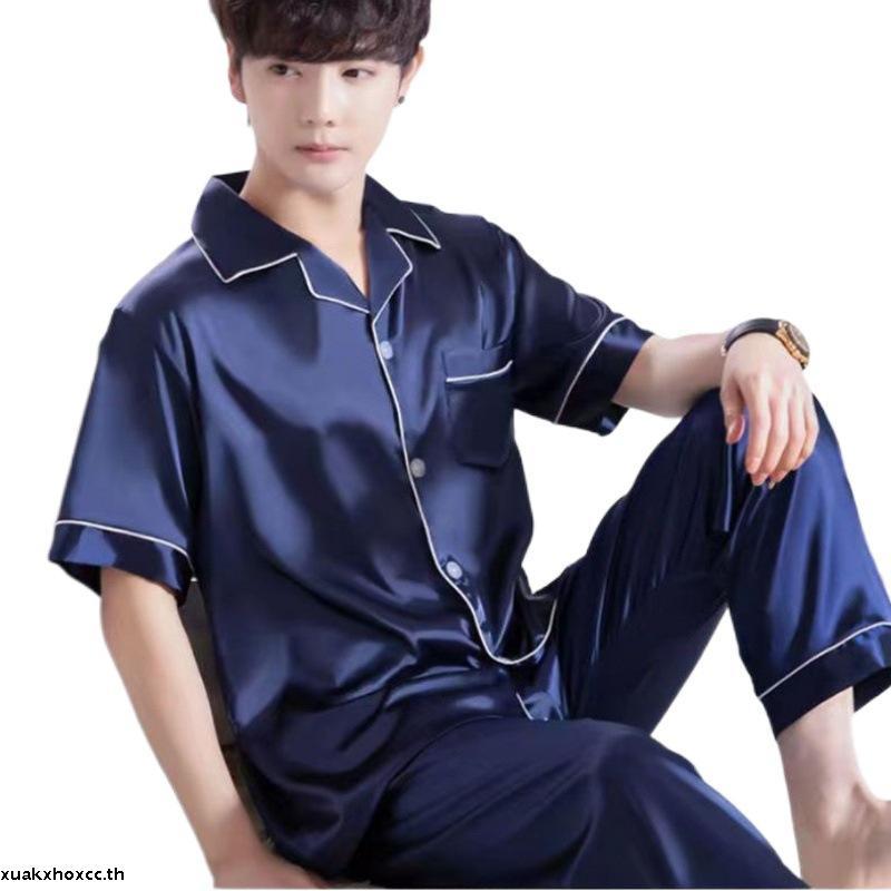 ชุดนอนผู้ชาย ชุดนอนชาย กางเกงนอนผู้ชาย Animal Pattern Silk Long Sleeve Pajama Terno Men Cardigan Sat