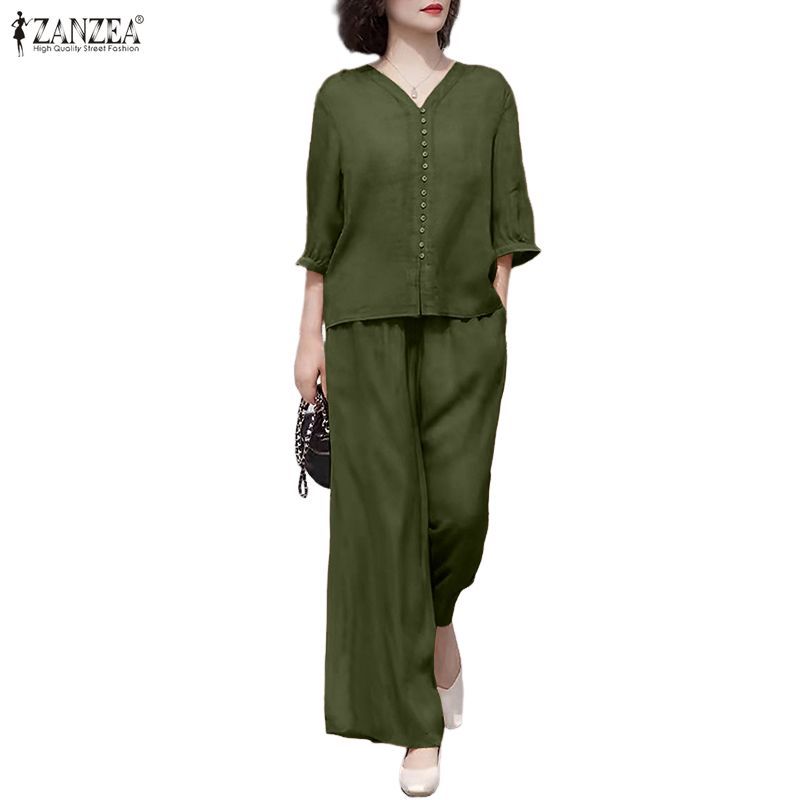 ชุดแฟชั่นเกาหลีสำหรับผู้หญิง สไตล์สบาย ๆ คอวี กางเกงเอวยืดสีเรียบ