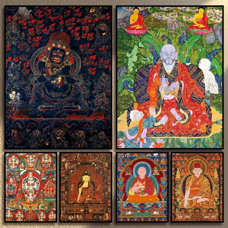กันน้ํา Frameless ทิเบต Thangka ผ้าใบ Wall Art แบบดั้งเดิมพุทธศาสนาภาพวาดตกแต่งบ้าน