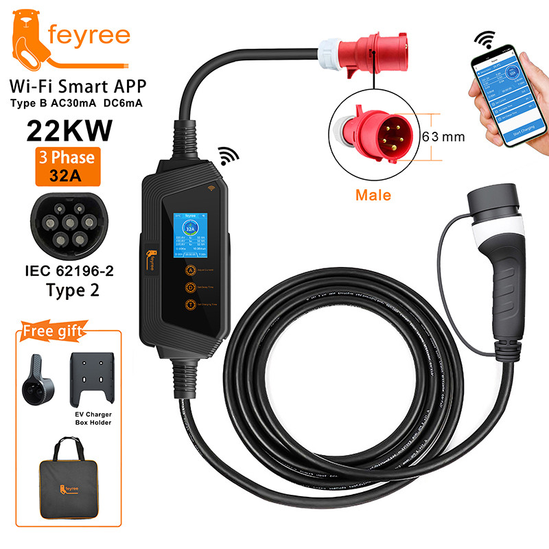 Feyree 22KW 32A 3Phase Type2 แบบพกพา EV Charger Wi-Fi APP ควบคุม EVSE กล่องชาร์จสถานีชาร์จสําหรับเคร