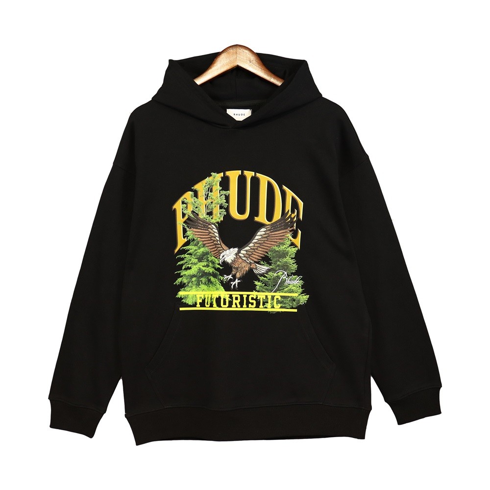 Rhude Oversized Print Hoodie สำหรับผู้ชายและผู้หญิง สไตล์ STREET WEAR ใส่สบายในฤดูใบไม้ร่วง