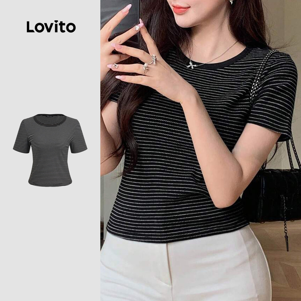 (New) Lovito เสื้อยืดคอมน ไม่เป็นทางการly สำหรับผู้หญิง สีดำ พร้อมขอบต่างกัน ฤดูใบไม้ผลิ/ฤดูร้อน L14