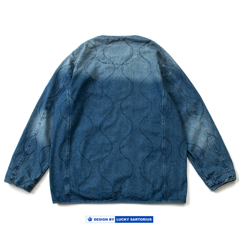 Luckysartorius ผู้ชายญี่ปุ่นลายกระเป๋าเย็บล้าง Denim Quilted Jacket Collarless Jacket ผู้ชาย