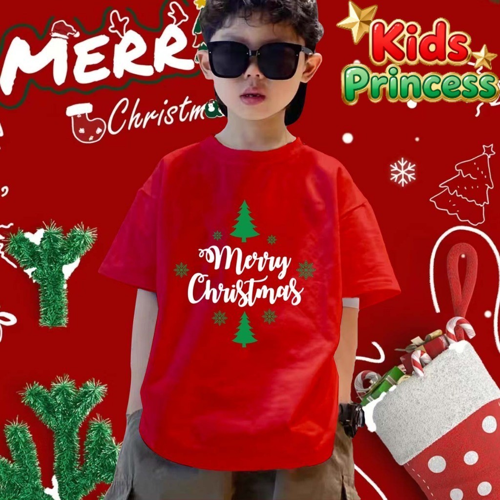 เสื้อยืดเด็กคอกลมคริสต์มาส สีแดง โมเดล M04 สำหรับงานปาร์ตี้