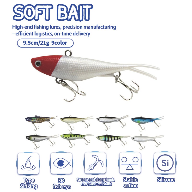 เหยื่อตกปลา Soft Lure ขนาด 9.5 ซม. / 21 กรัม ออกแบบ 3D ตาสองตะขอ มีเสียงแหลม เหมาะสำหรับตกปลาชนิดต่างๆ