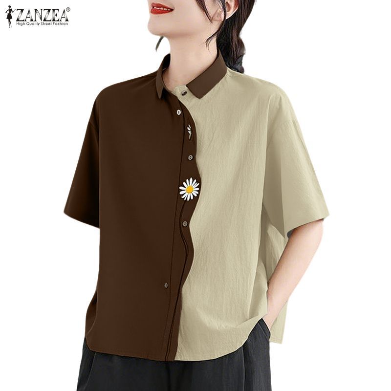 ZANZEA เสื้อแขนสั้นลายดอกสำหรับผู้หญิง ออกแบบสไตล์เกาหลี มาพร้อมปกและปุ่มติดที่สวยงาม