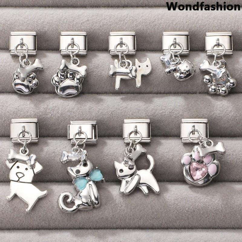 สร้อยข้อมือสแตนเลสสไตล์เรโทร ก้าน 9 มม. ออกแบบด้วยหัวคีย์แคตและชาร์มสไตล์อิตาเลียน เหมาะสำหรับทำเป็นเครื่องประดับเอง