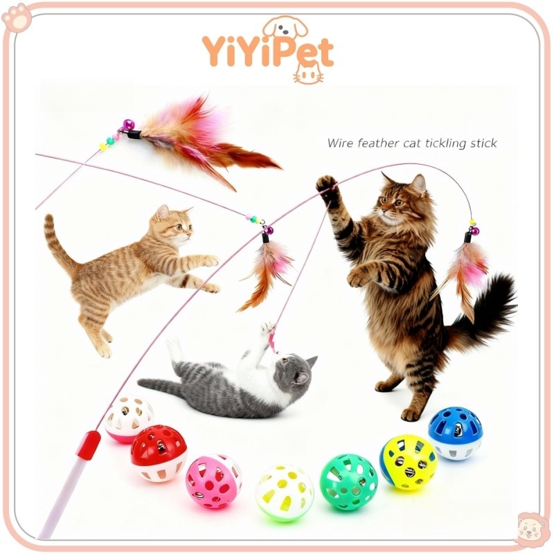 1 PC สัตว์เลี้ยง Teaser ของเล่นแมวลวดเหล็ก Feather Interactive Cat Stick การฝึกอบรม, Kitten Wand ของเล่นลูกปัด Bells