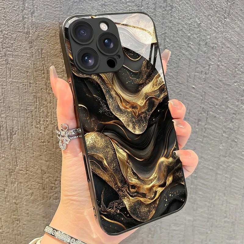 Golden Gradient Splice รูปแบบกระจกนิรภัยสําหรับ iPhone 17 AIR 16 15 14 13 12 11 Pro Max 16E XR XS 7 8 Plus SE2 กันกระแทก Anti Drop ป้องกัน Hard Cover