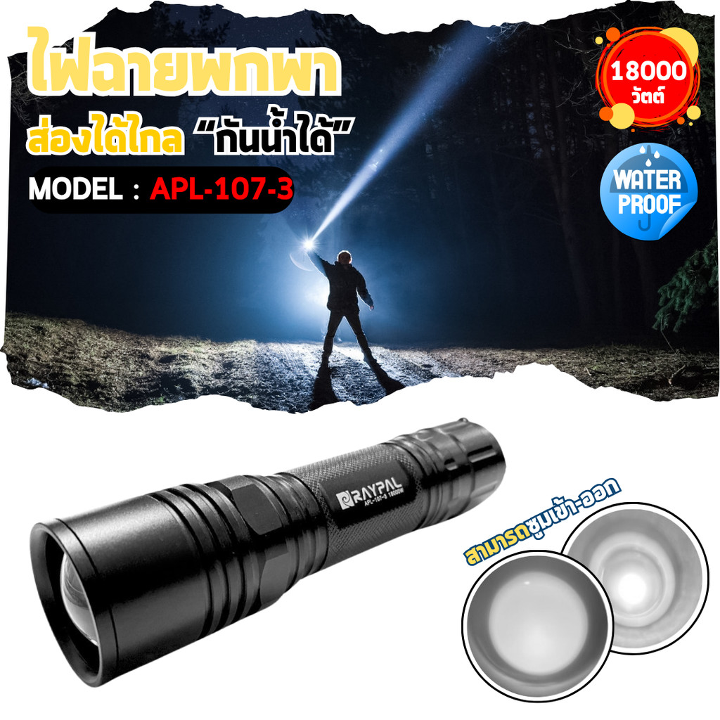 ไฟฉายแรงสูงกล่องเขียว กันน้ำได้ ซูมได้ 5 ระดับ LED CREE XML RAYPAL รุ่น APL-107-3 18000W