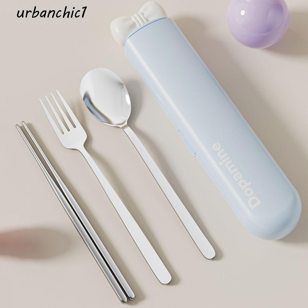 URBANCHIC Student Flatware Set สล็อตเงียบในตัวพร้อมกล่องเก็บของ ชุดช้อนส้อมเดินทาง Dopamine ดีไซน์แม่เหล็กแบบพกพาพร้อมชุดช้อนตะเกียบโบว์ โรงเรียน