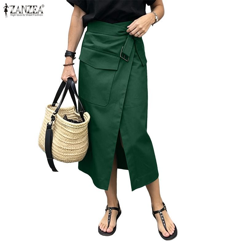 ZANZEA ผู้หญิง Vintage Street แฟชั่น Tie-Up Design 3D Pocket Design Slit Hem Midi A-Line Oversirt