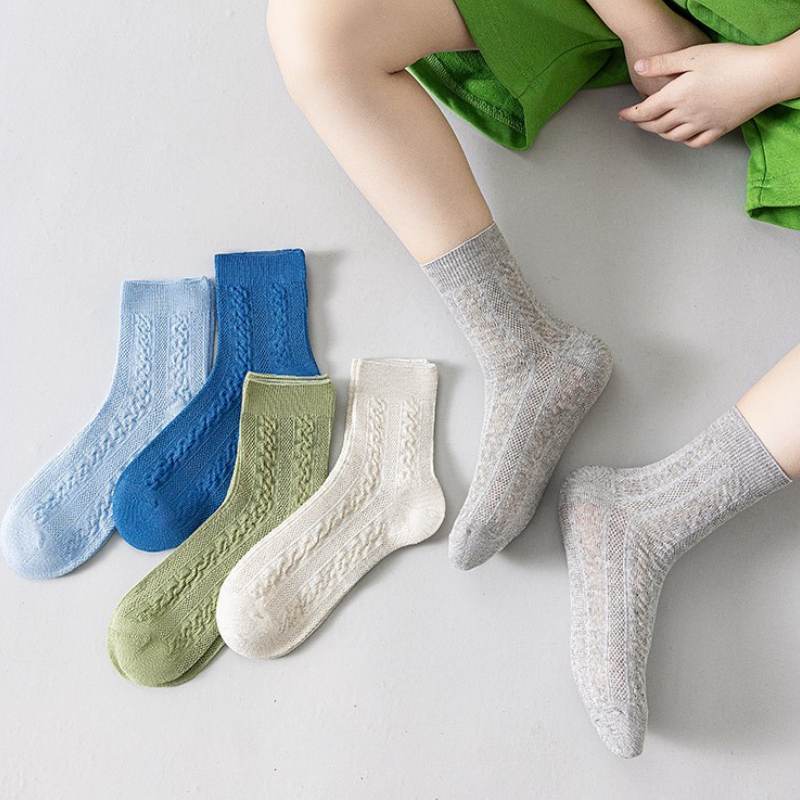 [Twist Mesh Mid-Tube Socks 5 คู่ Set] Blue+Gray+Green+Sky Blue+Soot│สีทึบอเนกประสงค์│สไตล์บางระบายอา