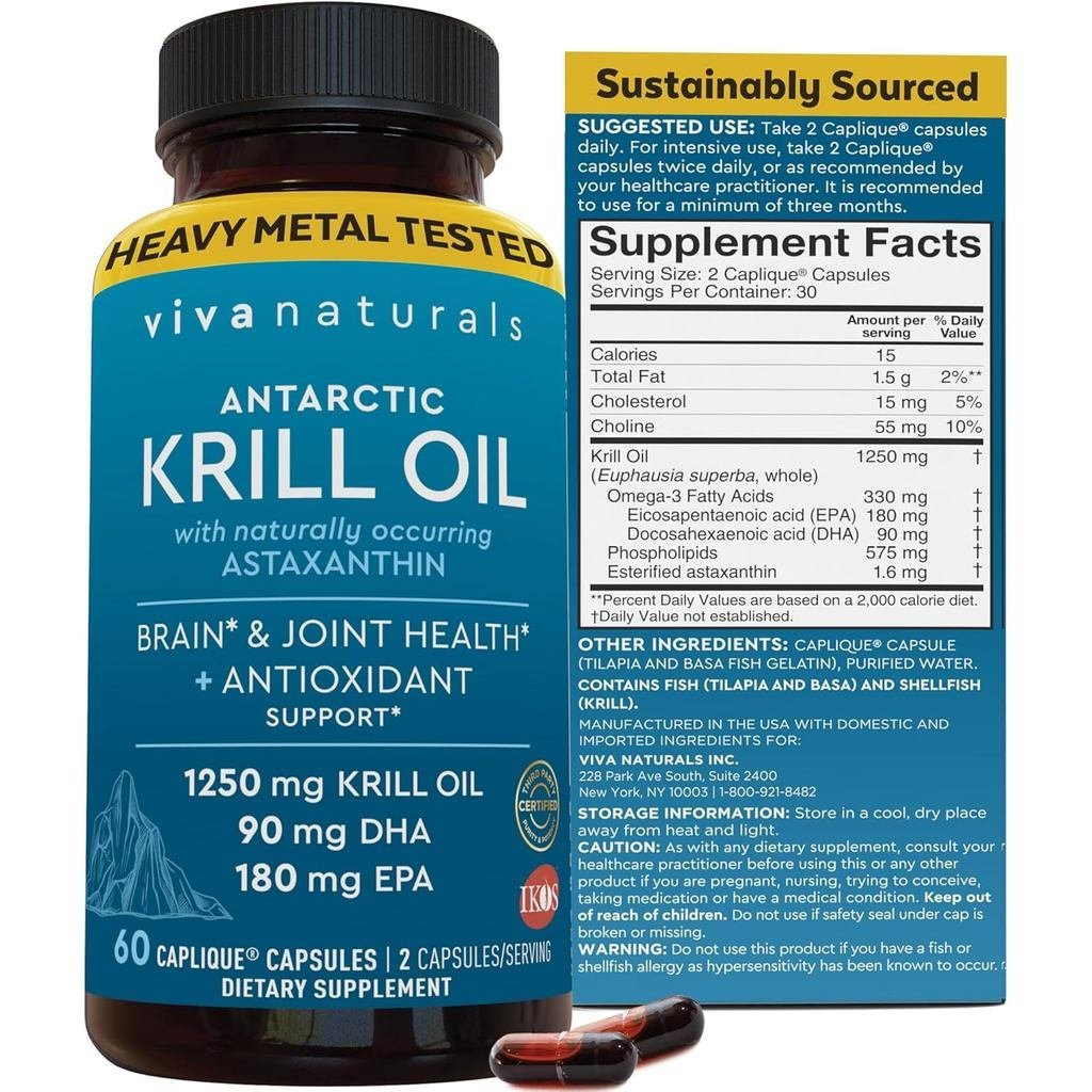 Viva s Antarctic Krill Oil Omega 3 s 1250 mg - DHA EPA Omega-3 & Astaxanthin Concentration for Joint