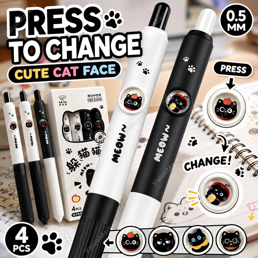4pcs Kawaii Cat ปากกา Paw 0.5 มม.Quick-Dry หมึกสีดํา-Smooth เขียน Retractable ปากกาโรงเรียน Journaling วันเกิดคริสต์มาสของขวัญมูลค่า Market