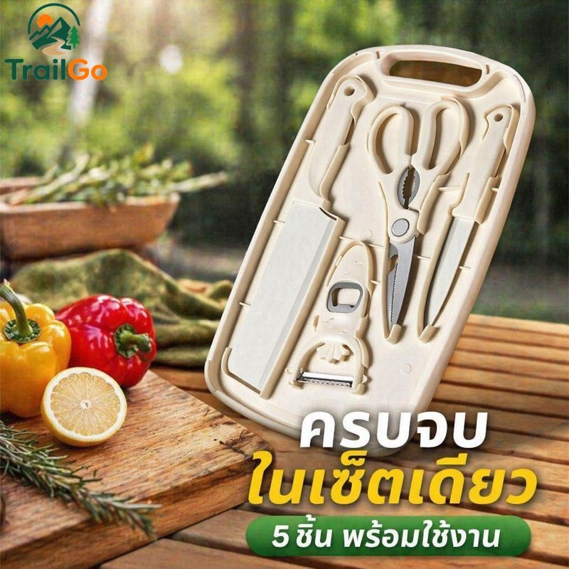 ตั้งแคมป์เขียงชุดมีดชุดเครื่องมือห้องครัวแบบพกพา 5 ชิ้นสแตนเลส หน้าท้อง หน้า