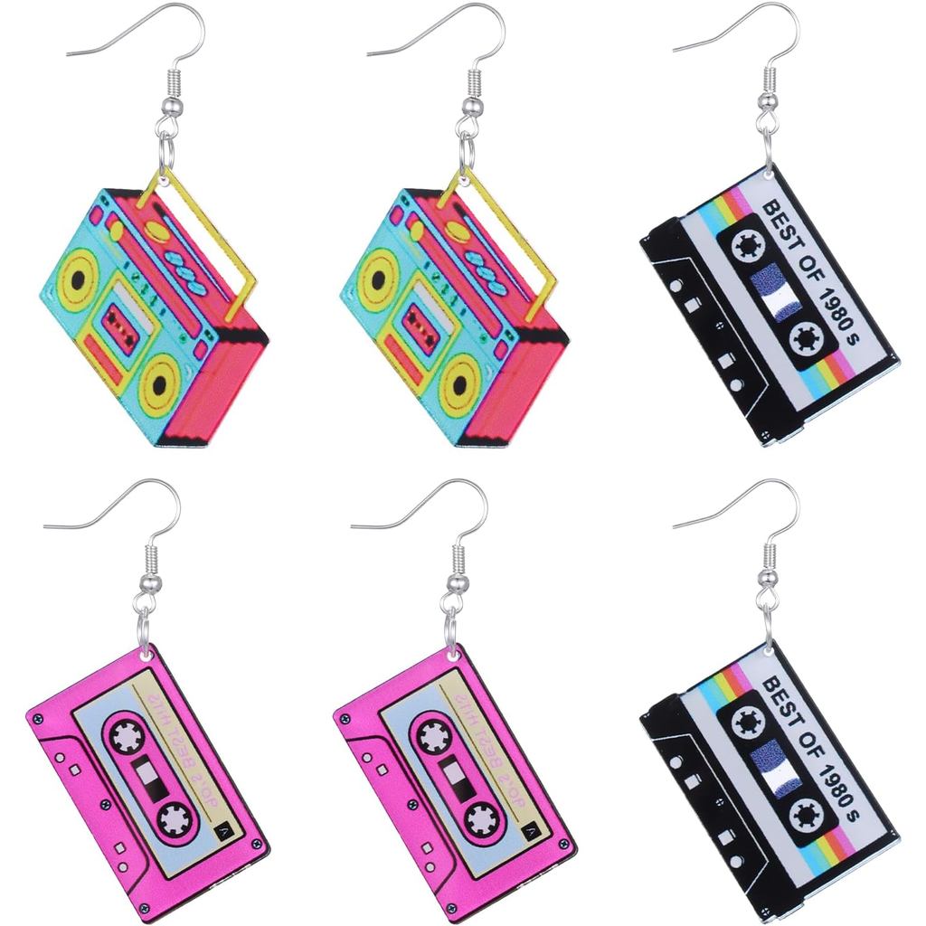 Giantree 3 คู่ CASSETTE เทปต่างหู, 80 S 90 S ต่างหูนีออนสําหรับผู้หญิง, 80 S 90 S เครื่องประดับอุปกร