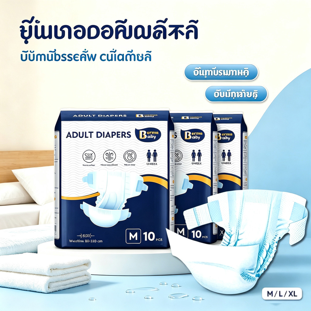 Berma baby ผ้าอ้อมผู้ใหญ่ ใช้ได้ทั้งชายหญิง 10ชิ้น M/L/XL adult diapers สวมใส่สบาย ซึมซับเร็ว