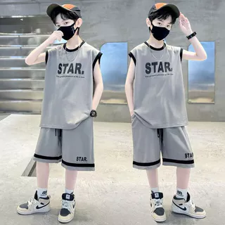 ชุดกีฬาเด็กผู้ชายฤดูร้อนสไตล์เกาหลี แห้งเร็ว ชุดเสื้อกล้ามเสื้อสั้นกางเกงขาสั้นเด็กโต
