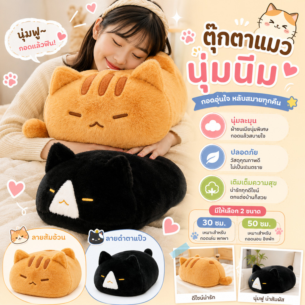 COD ตุ๊กตาแมวนุ่มน่ารัก 30/50cm สีหน้าที่น่ารัก หมอนอิงตกแต่งห้องและสำนักงาน