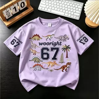 Pebbi Baby เสื้อยืดเด็กฤดูร้อนรุ่นใหม่ ลายปักไดโนเสาร์ ตัวเลข67 ผ้าฝ้ายแท้100% นุ่มสบาย เสื้อแขนสั้นเด็กผู้ชาย สไตล์เกาห