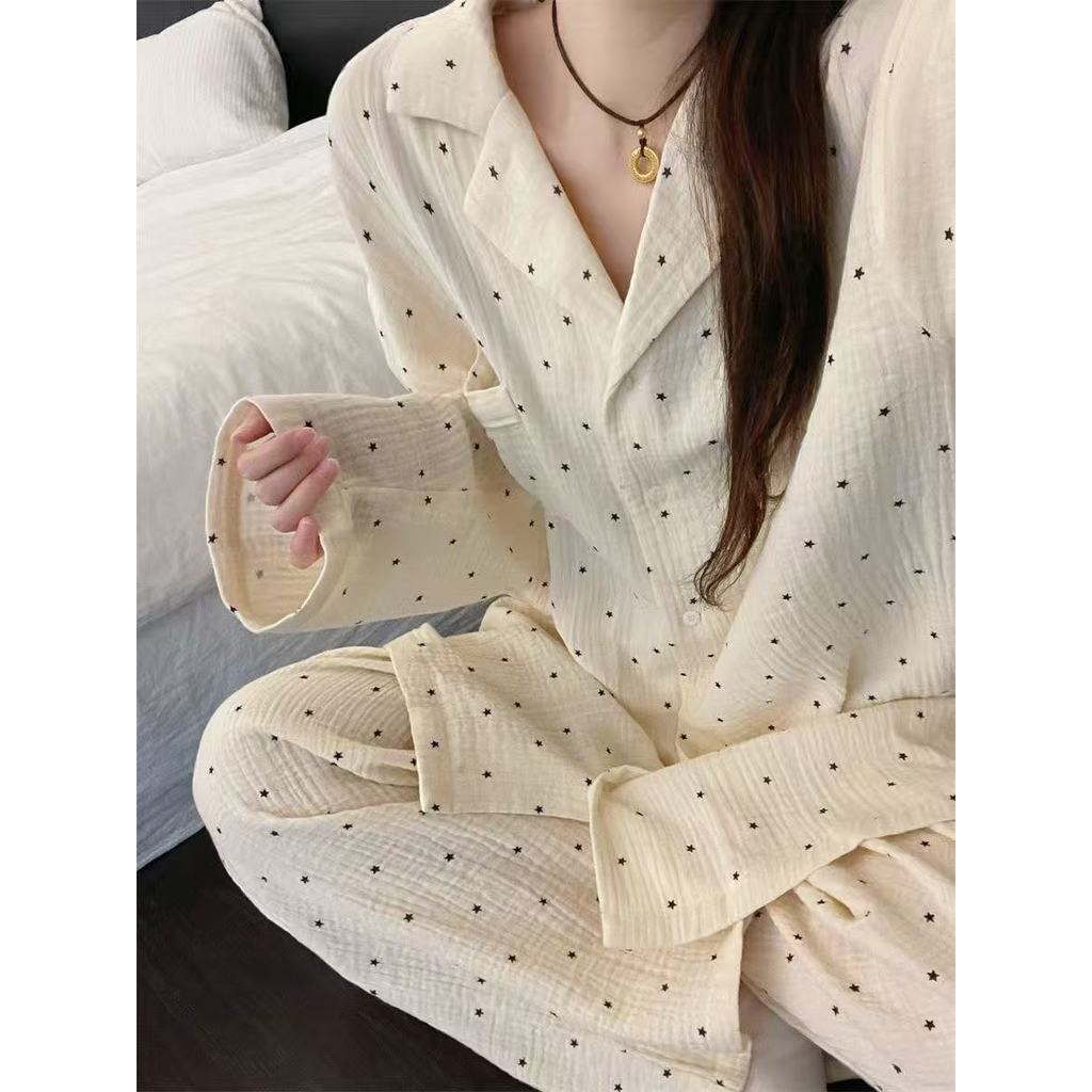 Cloud Cotton Lapel แขนยาวกางเกงเกาหลี Home Loungewear ชุดนอนชุดนอน