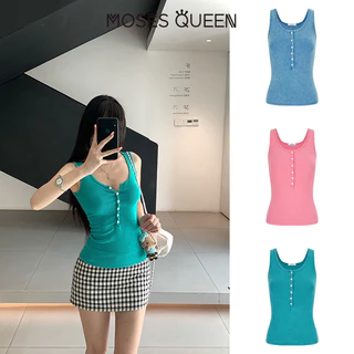 MOSESQUEEN โมเสสควีน เสื้อคล้องคอติดกระดุมทุกข์ย้อนยุคสไตล์อเมริกันสําหรับผู้หญิงใส่เป็นเสื้อตัวนอกดีไซน์คอยูไม่มีเส้น #63903