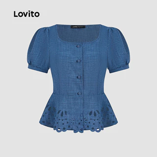 (New Arrival) Lovito เสื้อเชิ้ตเบลาส์ลําลองผู้หญิง แขนสั้น กระดุมหน้า ลายฉลุสําหรับฤดูใบไม้ผลิ/ฤดูร้อน สีฟ้า L195ED129