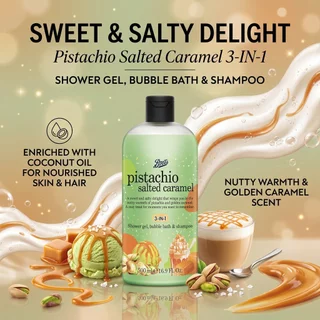BOOTS FLAVOURบู๊ทส์ พิสตาชิโอ ซอลเท็ด คาราเมล ชาวเวอร์ เจล, บับเบิ้ล บาธ แอนด์ แชมพู 500มล.