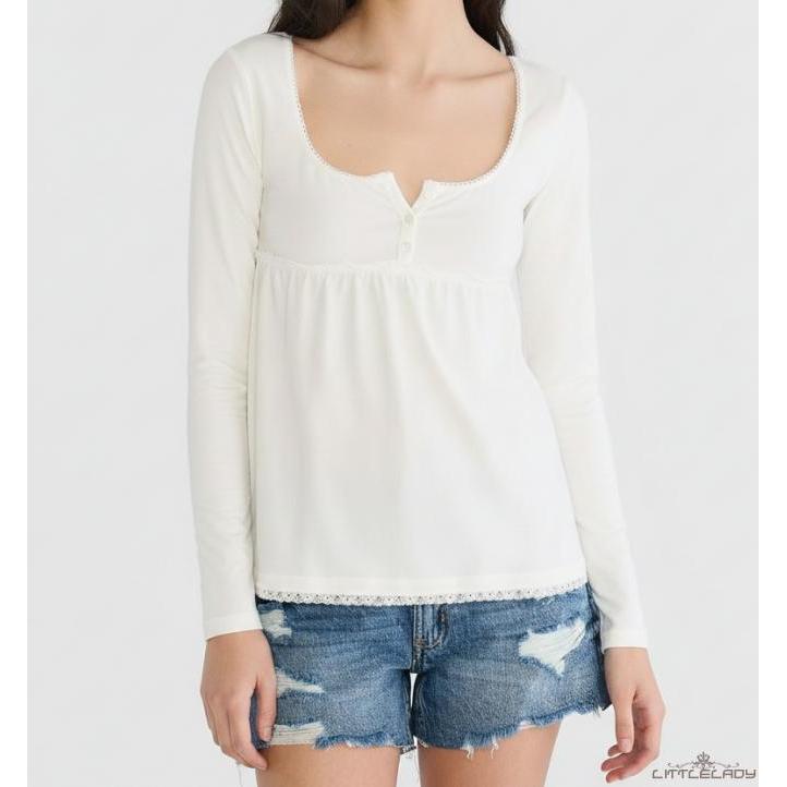 LTL-เสื้อยืดคอตักสีทึบแขนยาวผู้หญิง Babydoll Tops สําหรับฤดูใบไม้ร่วง