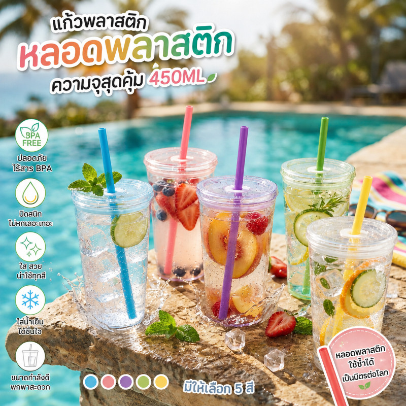 แก้วน้ำ พร้อมหลอดและฝาปิด แก้วน้ำสองชั้น กันหก น้ำหนักเบา สีพาสเทล ใช้ซ้ำได้ พกพาสะดวก