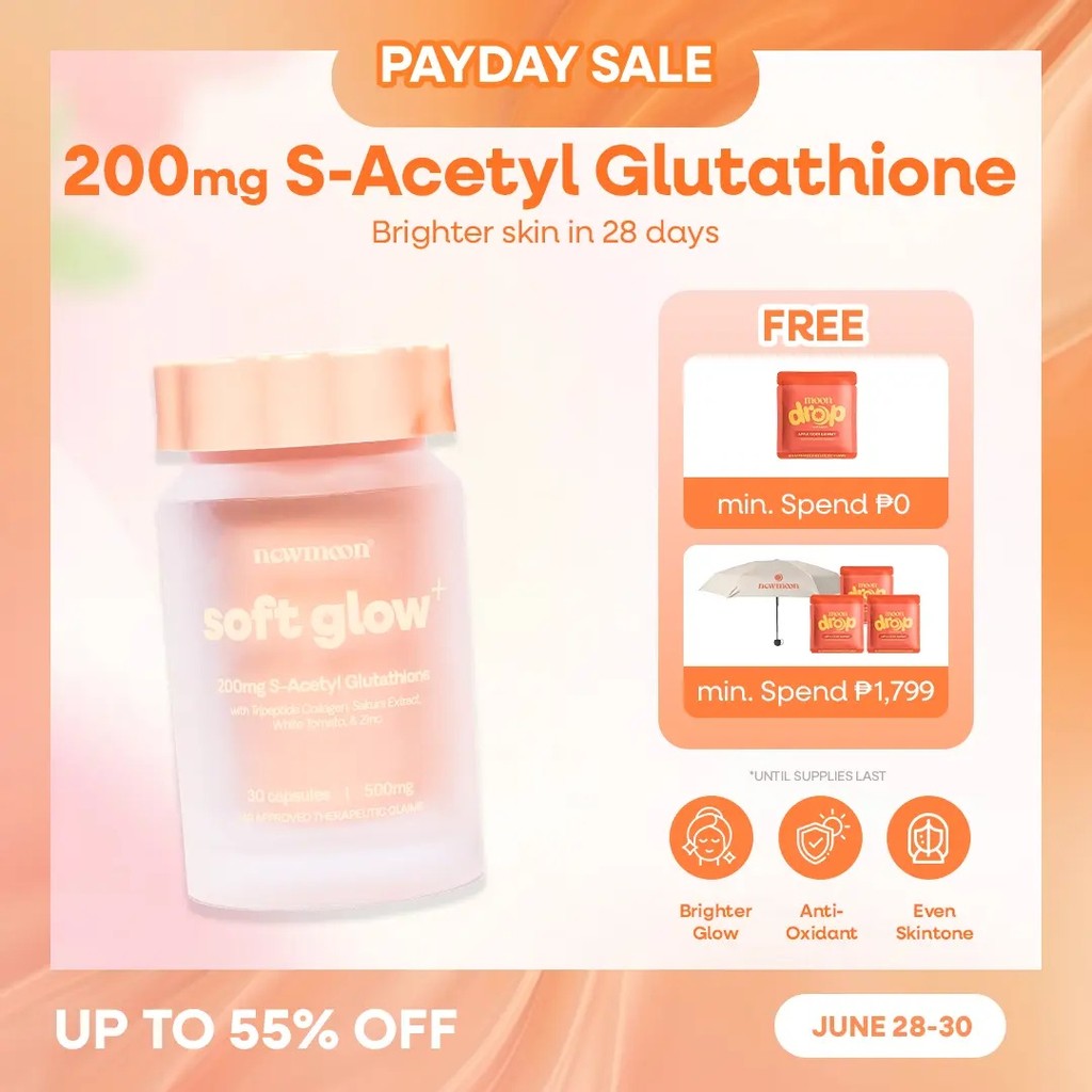 NEW MOON Brightening S-Acetyl Glutathione อาหารเสริม 30 แคปซูล พร้อมคอลลาเจนและวิตามินซี | ซอฟท์โกลว
