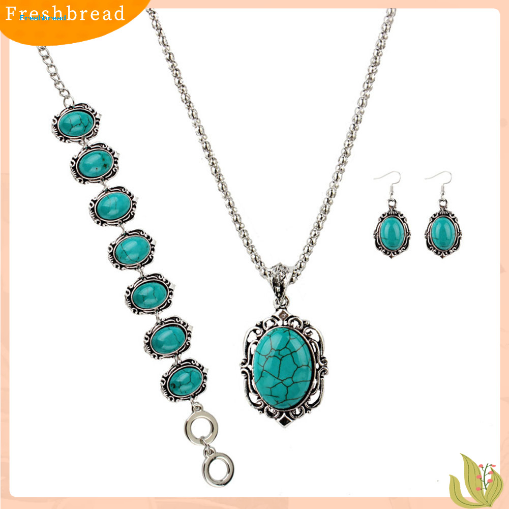 FR * 4 ชิ้น/เซ็ต Vintage Faux Turquoise ดอกไม้จี้สร้อยคอต่างหูสร้อยข้อมือ