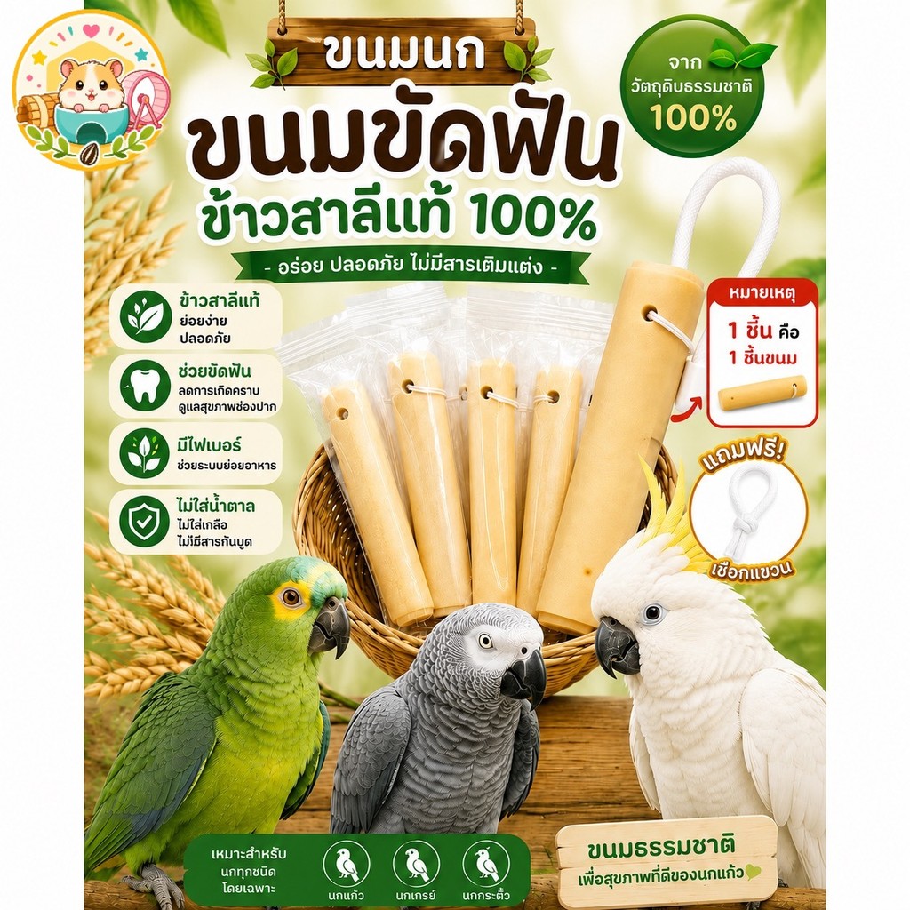 Hamster.lover ขนมขัดฟันนกแก้ว ขนมธรรมชาติ 100% ทำจากข้าวสาลีแท้ ช่วยลับปากและขัดฟัน มีไฟเบอร์สูง (1 แท่ง/ซอง)