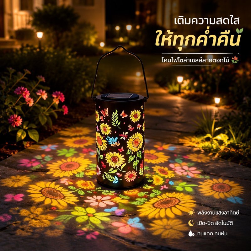 โคมไฟโซล่าเซลล์ แขวนได้ กันน้ำ ไฟโปรเจคเตอร์ ลายดอกทานตะวัน ไฟสีรุ้ง LED ตกแต่งสวน ทางเดิน