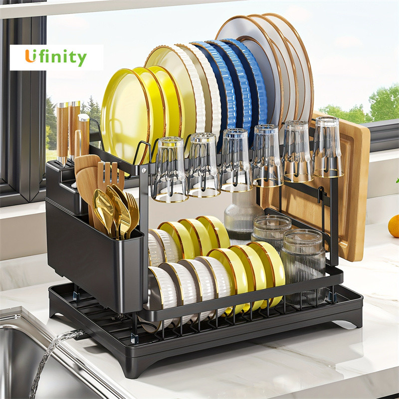 Lifinity ชั้นวางจาน 2 ชั้น ชั้นวางของในครัวพร้อมที่เก็บหม้อ+ถาดรองน้ำ