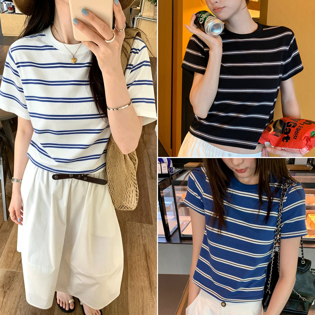 Bella Shop เสื้อยืดแขนสั้นผู้หญิง เสื้อยืดลายทางคอนทราสต์สี ทรงสวย แฟชั่นย้อนยุค แมทได้ทั้งกระโปรงและกางเกง