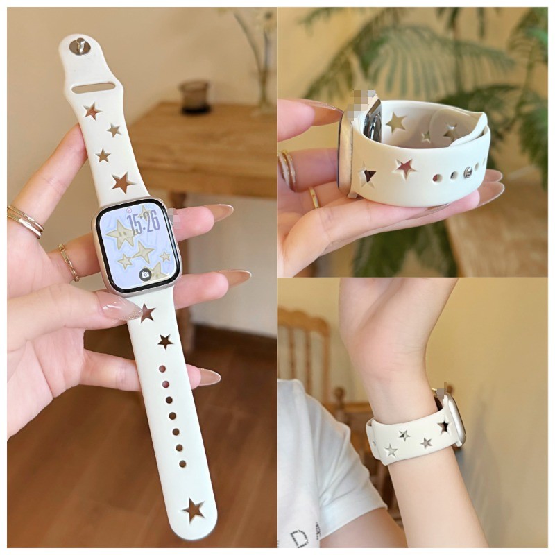 Hollowed Out Star สายซิลิโคนสําหรับ Apple Watch 42/46/40/41/45 มม.44 มม.38 มม.49 มม.แกะสลักสร้อยข้อมือออกกําลังกายสําหรับ lWatch 11 10 9 8 SE 3 2 Ultra 3 2 7 6 5 Band