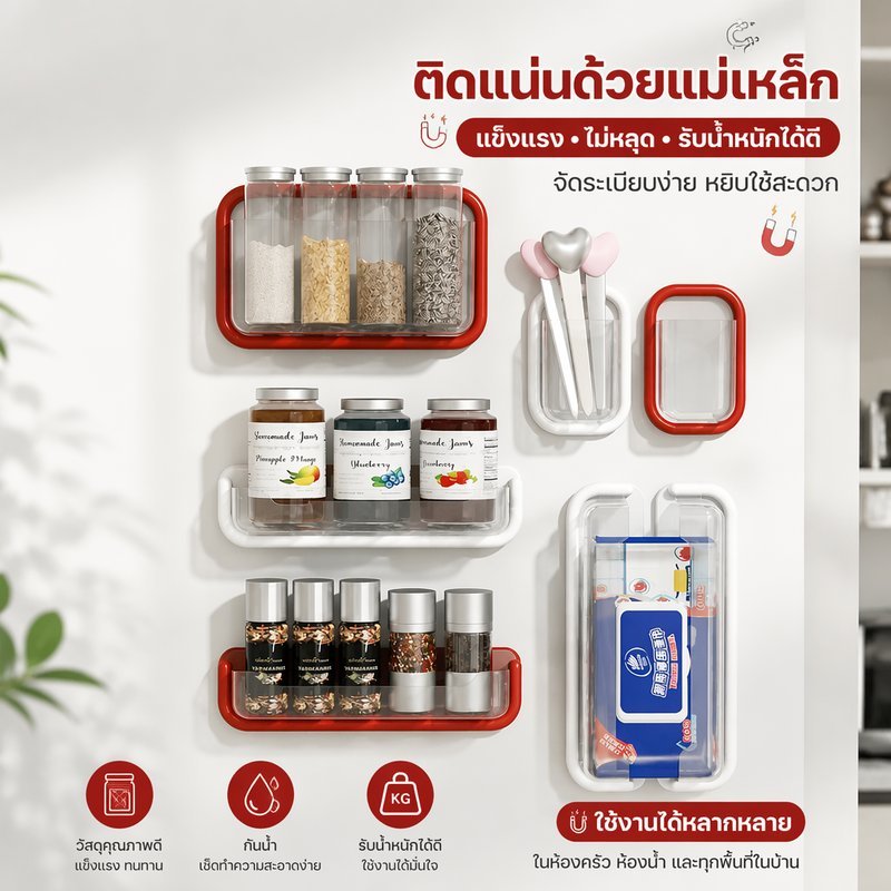 กล่องเก็บของแม่เหล็ก ติดตู้เย็น ติดผนัง กล่องใสกันฝุ่น รับน้ำหนักดี ความจุใหญ่ ห้องครัว ห้องน้ำ
