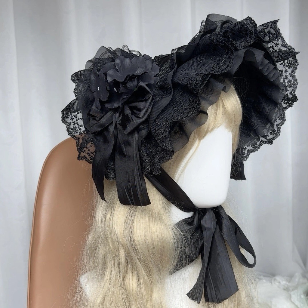 [ต้นฉบับ] Lolita Lolita หมวก bnt Gothic Sweet Cool Lolita Bornett สีดํา Halloween Dark เครื่องประดับ
