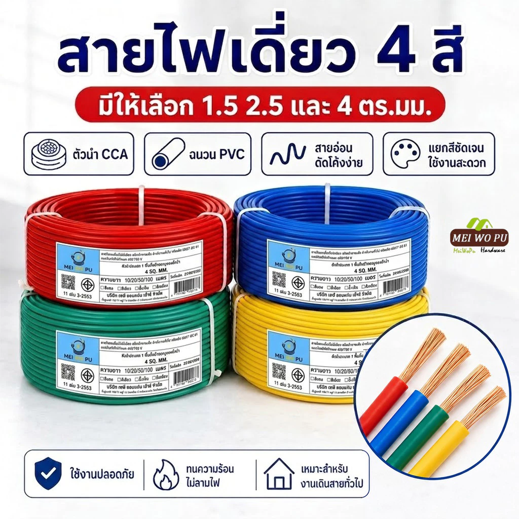 สายไฟอ่อนแกนเดี่ยว สีแดง น้ำเงิน เขียว เหลือง ตัวนำ CCA ขนาด 1.5 2.5 4 ตร มม ยาว 10 20 50 100 เมตร