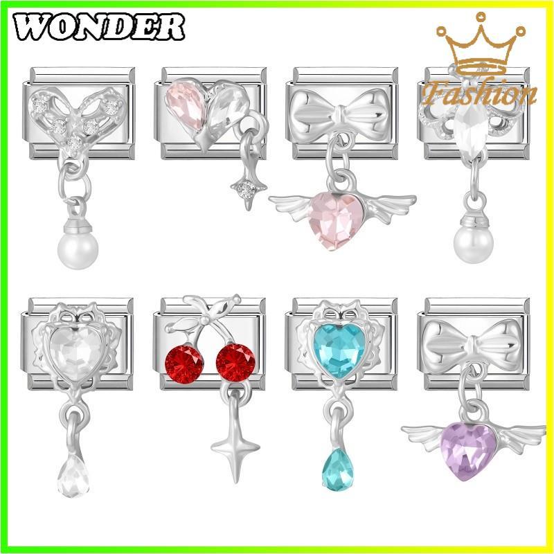 เชอร์รี่โบว์พู่อิตาเลี่ยน Charm สร้อยข้อมือ Fit 9 มม.สร้อยข้อมือสแตนเลสเครื่องประดับทําอุปกรณ์เสริม DIY Retro บุคลิกภาพโมดูลสร้อยข้อมือ