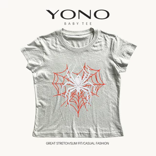 (พร้อมส่ง24ชม.) YONO baby tee สีดำ ลายแมงมุมสีขาวกับใยสีแดง ทรงเข้ารูป สไตล์โกธิค y2k
