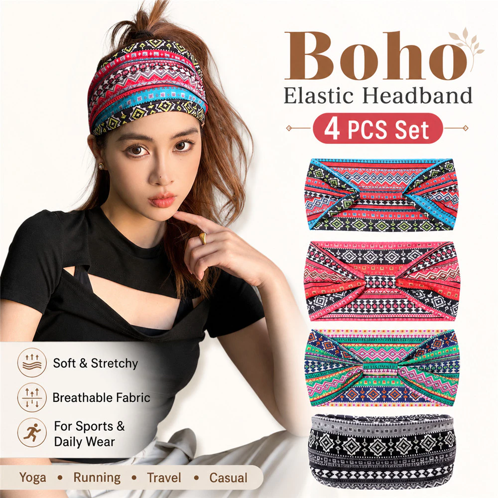 Hippie Bohemian สไตล์ชาติพันธุ์พิมพ์ผ้าโพกศีรษะสีแดง Hairband Crossed Hairband