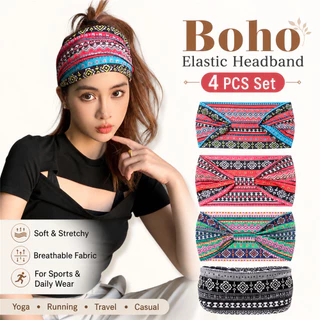 Hippie Bohemian สไตล์ชาติพันธุ์พิมพ์ผ้าโพกศีรษะสีแดง Hairband Crossed Hairband