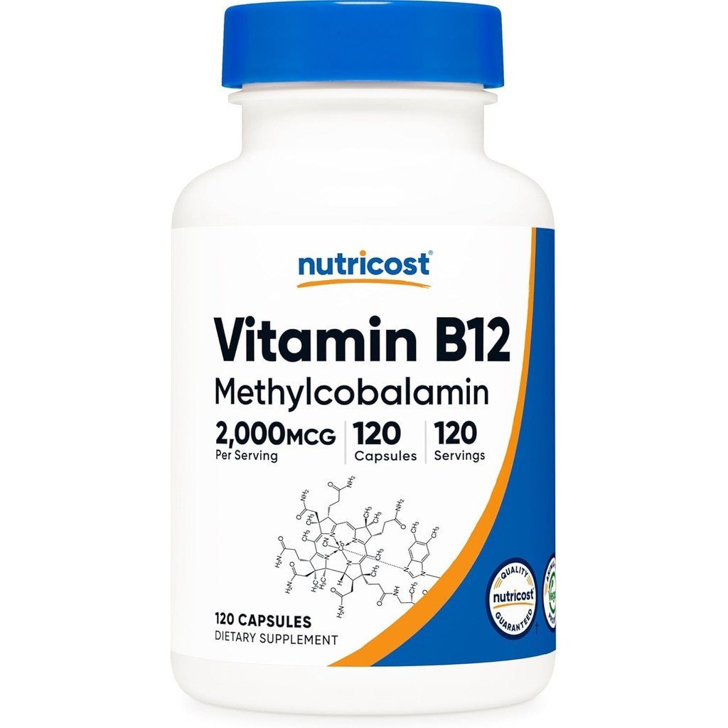 Nutricot วิตามิน B12 (เมทิลโคบาลามิน) 2000mcg, 120 แคปซูล - หมวกมังสวิรัติ, ไม่ใช่จีเอ็มโอ, อาหารเสร