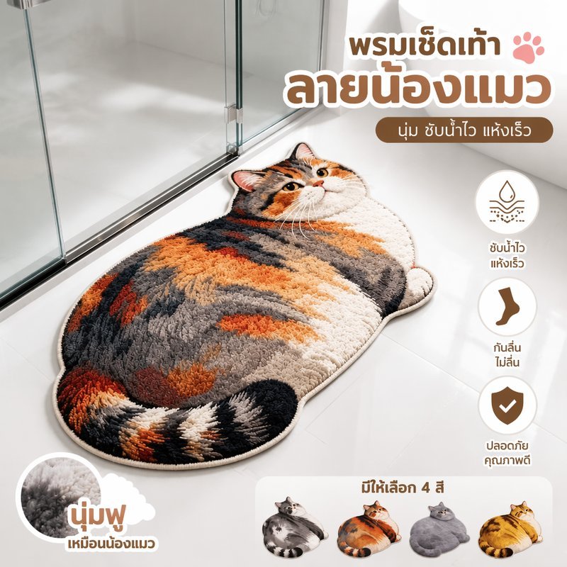พรมเช็ดเท้ารูปแมว 3D ซับน้ำ แห้งไว กันลื่น ดักฝุ่น ลายแมวอ้วน เสื่อหน้าประตู ห้องน้ำ