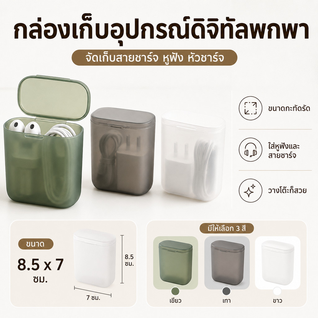 กล่องจัดระเบียบอุปกรณ์ไอทีพกพา มี 3 สี เขียว เทาขาวดีไซน์โปร่งเรียบ ใช้เก็บสายชาร์จและหูฟังได้สะดวกจัดโต๊ะให้เป็นระเบียบ