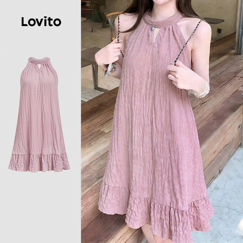 Lovito แคชชวล เดรสผู้หญิงฤดูร้อนฤดูใบไม้ผลิผูกหลังระบายเส้นโครงสร้างชุดลําลอง สีม่วง L178ED1244